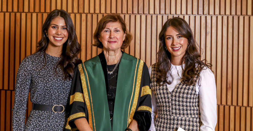 Sisters Ellen Atkinson and Eve Atkinson, pictured with NUI Registrar Dr Attracta Halpin, both received NUI Dr H H Stewart Medical Prizes in 2019 (Ophthalmology and Dentistry)