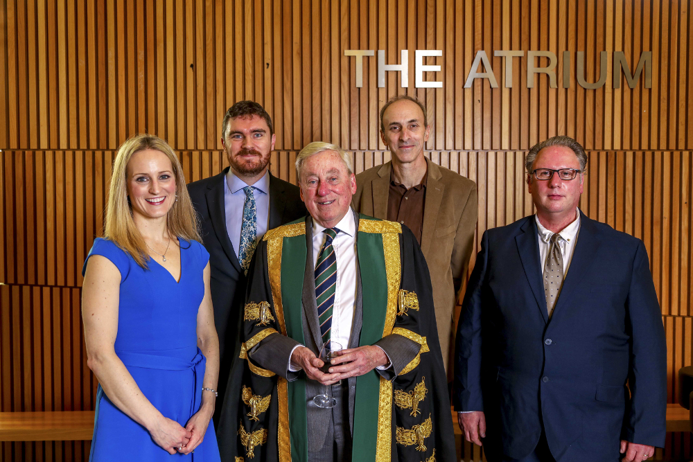 Recipients of the Irish Historical Research Prize, Publication Prize in Irish History, and Special Commendation Prizes 2019
L-R: Dr Ruth Canning, Dr Ciarán McCabe, NUI Chancellor Dr Maurice Manning, Professor Guy Beiner, and Dr Michael Dwyer
