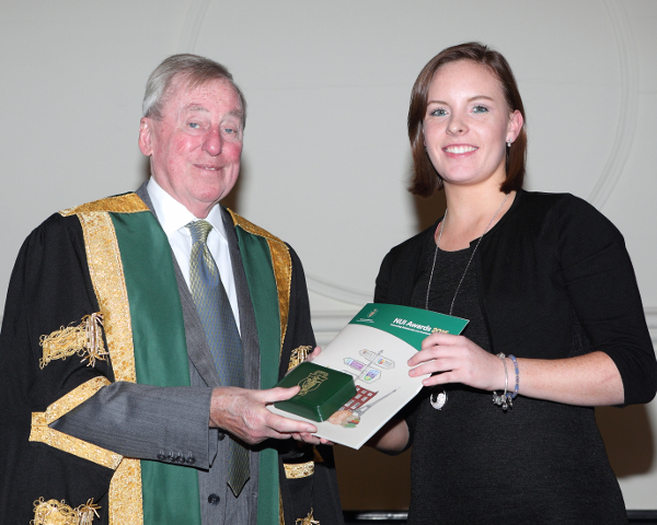 Sarah receiving her NUI Travelling Studentship award from NUI Chancellor, Dr Maurice Manning at the 2016 NUI Awards Ceremony