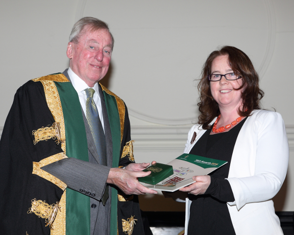 Margaret O'Sullivan receiving the NUI Denis Phelan Scholarship from NUI Chancellor Dr Maurice Manning at the NUI Awards Ceremony 2016.