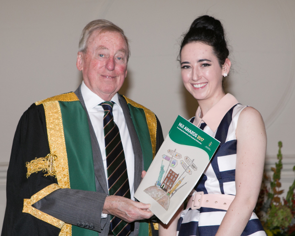 2.	Giselle Eugenia Connell receiving her NUI Travelling Studentship award from NUI Chancellor, Dr Maurice Manning at the 2017 NUI Awards Ceremony