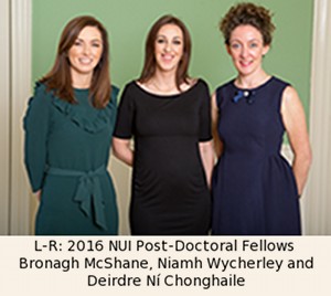 L-R: 2016 NUI Post-Doctoral Fellows 
Bronagh McShane, Niamh Wycherley and Deirdre Ní Chonghaile
