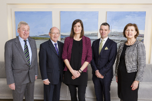 (L-R): Dr Maurice Manning, NUI Chancellor; Prof Patrick Clancy, Emeritus Professor of Sociology, UCD; Dr Aline Courtois, 2014 NUI Garret FitzGerald Fellow; Mr Martin McCormack , CEO, College of Anaesthetists; Dr Attracta Halpin, NUI Registrar