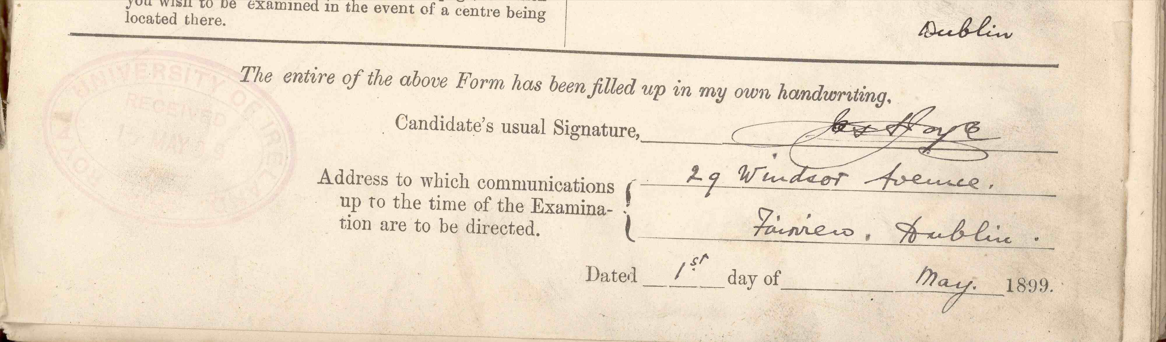 Signature of James Joyce on his Matriculation Application Form 