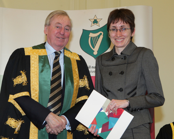 Sarah receiving her NUI Travelling Studentship award from NUI Chancellor, Dr Maurice Manning at the 2016 NUI Awards Ceremony