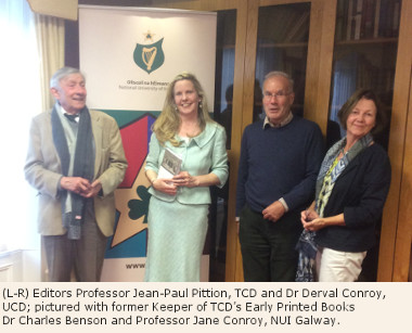 Photo (L-R) Editors Prof. Jean-Paul Pittion, TCD and Dr Derval Conroy, UCD; pictured with former Keeper of TCD’s Early Printed Books Dr Charles Benson and Prof. Jane Conroy, NUI Galway. 
