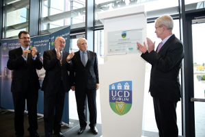 Peter Sutherland (centre) at the official opening of the UCD Sutherland School of Law with (from left), Professor Colin Scott, Ruari Quinn, former Minister for Education, and Dr Hugh Brady, former President of UCD.